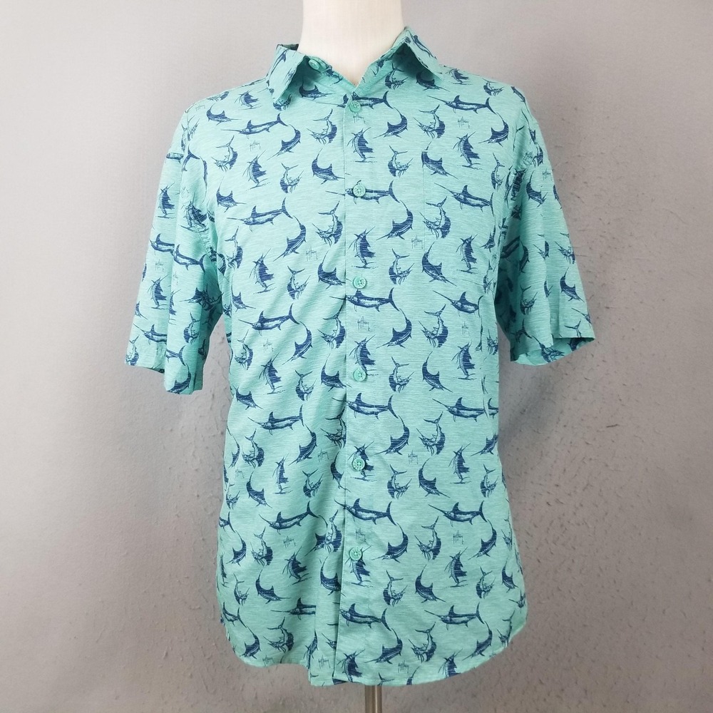 Guy Harvey Shirt Mens Large Green Marlin Fish Print Vented Button Front Fishing